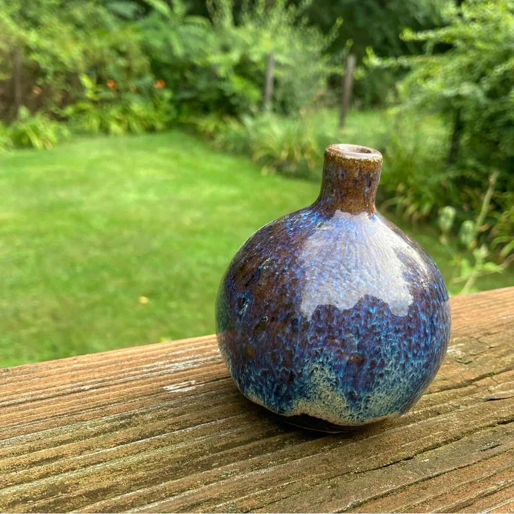 Vintage Brown and Blue Glazed Round Bud Vase - Picture 8 of 13